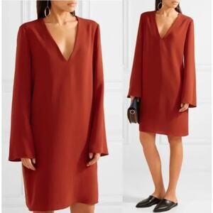 Theory Ulyssa Admiral Crepe Shift Dress Red Oak V-Neck Long Bell Sleeve Medium